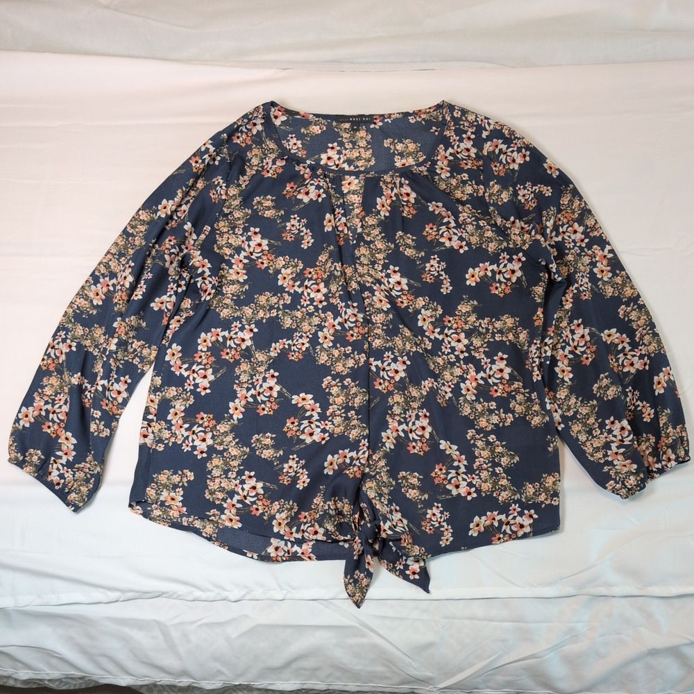 West Kei Women's Blue Floral Keyhole Neck Lg Sleeve Blouse Sz M Office Workwear